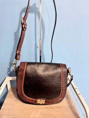 Brahmin Leather Saddle Crossbody Bag in Dark Brown with Cognac Trim